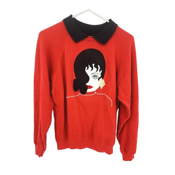 Hanes Vintage Red Embroidered Paris Lady Collared Sweatshirt Size L - Picture 2 of 6